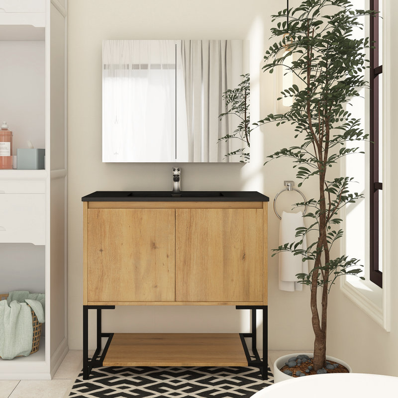 Meuble-lavabo simple 36 po avec plateau Bengi, Noir, Gris anthracite