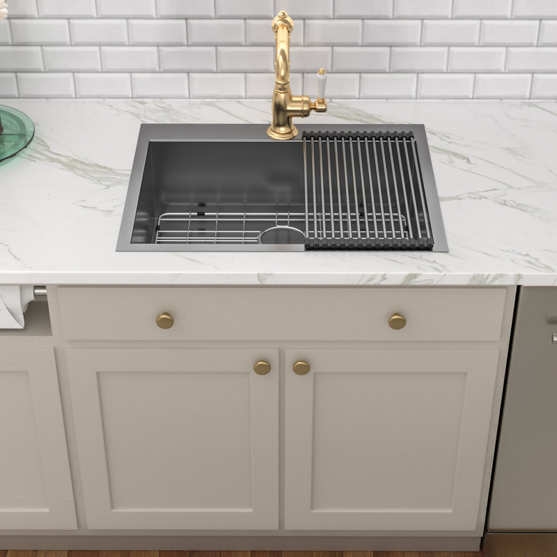 Évier de cuisine en acier inoxydable à simple cuve encastrable L 28 po x l 22 po avec grille d'évier, crépine et support à enrouler