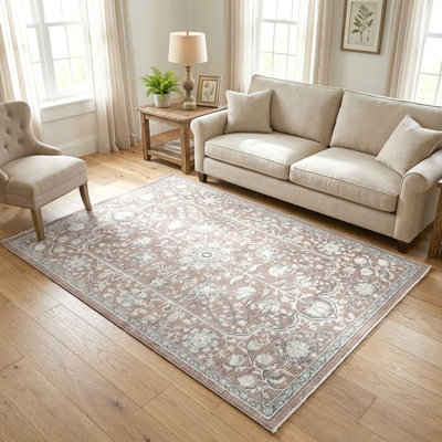Tapis d'intérieur médaillon à motif floral d'inspiration européenne Paradis Or bis, tissé à la machine, résistant aux taches et très fréquenté