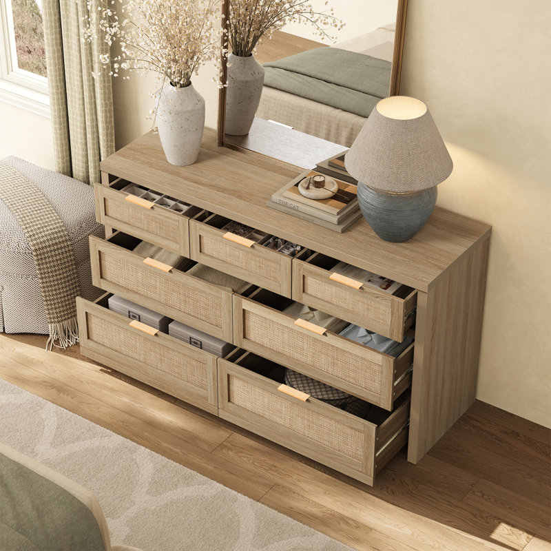 Ensemble de chambre à coucher 3 pièces avec rangement en rotin (commode 7 tiroirs + 2 tables de chevet)