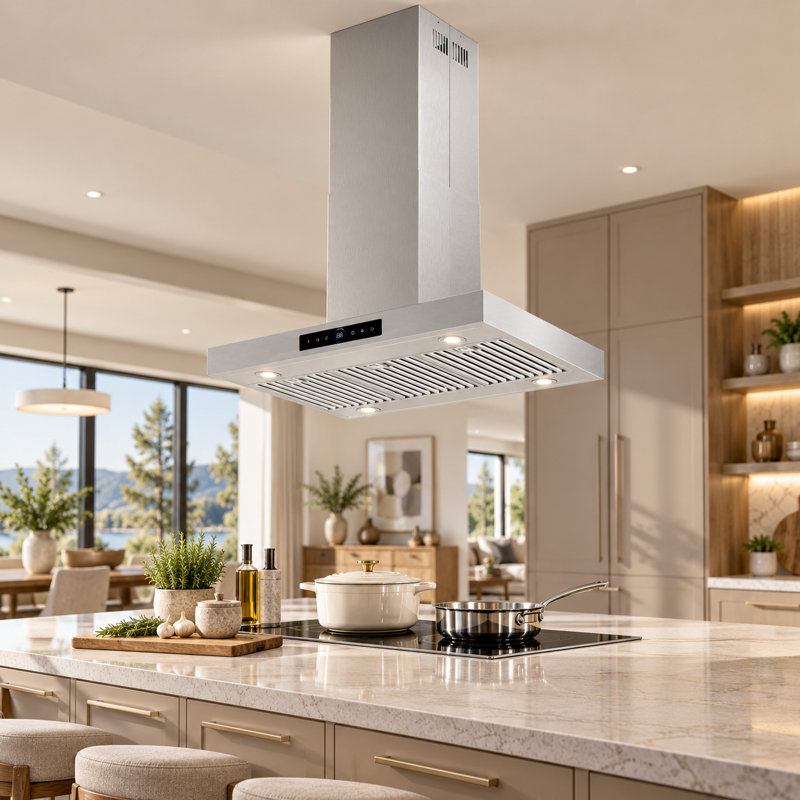 Hotte pour îlot de cuisine convertible 36 pouces 900 CFM VENFAN en acier inoxydable avec commande vocale et tactile, 3 filtres à graisse et 4 lumières DEL