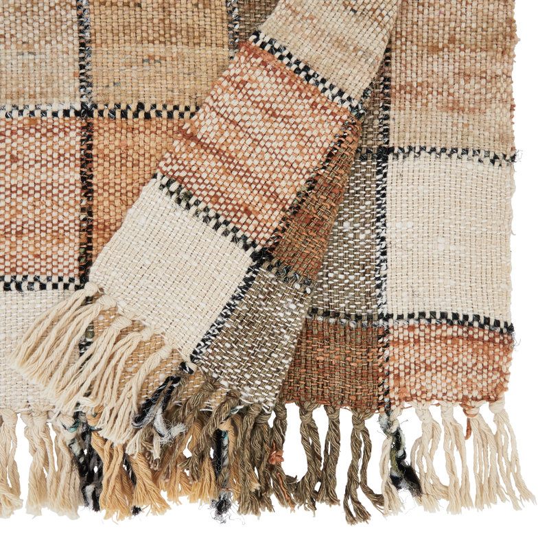 Natural Checkered Cotton Table Runner with Fringe, 16" x 72"