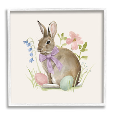 Lapin de printemps, œufs de Pâques, fleurs en fleurs, giclée noire encadrée, art texturé par Victoria Barnes