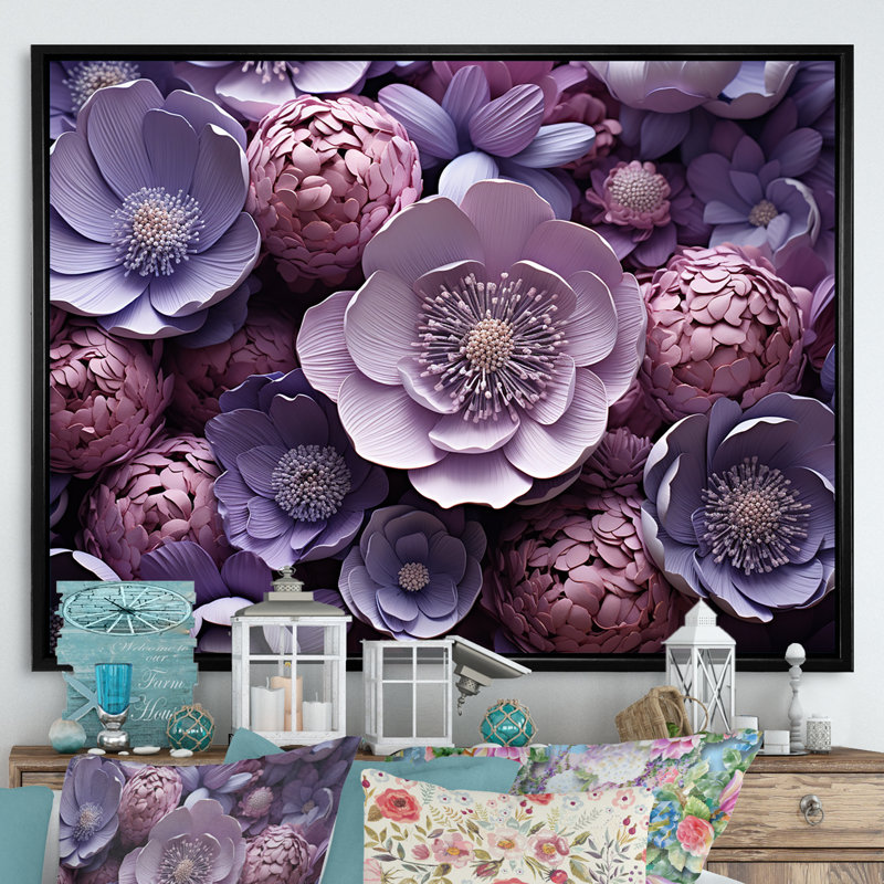 Buttercups Lavender sur toile, Cadre flottant noir, H 24 po x l 32 po x P 1 po