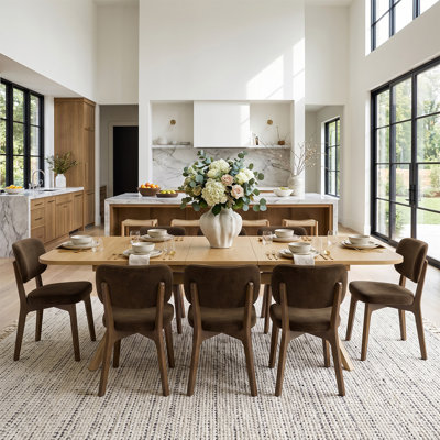 78"-96" Extendable Rectangular Wood Veneer Dining Table Set with 8 Velvet Upholstered Chairs