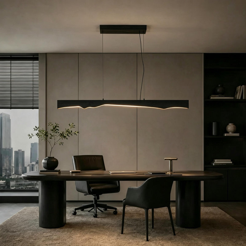 Luminaire suspendu linéaire moderne à 1 lumière pour îlot de cuisine avec détails en bois