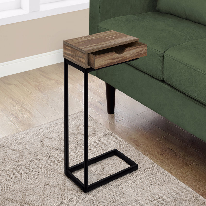 Table de bout rustique en C avec tiroir, table d'appoint étroite à structure industrielle en métal pour canapé-lit, Brun