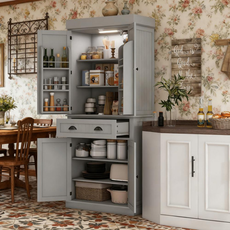 Armoire de cuisine moderne avec lumières DEL, tablettes de porte, tiroir et tablettes de rangement réglables | Idée de cadeau
