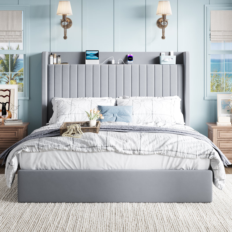 Hydraulic Lift Up Storage Upholstered Platform Bed With Shelf And Charging Station, Gray, Full