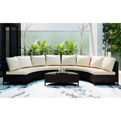 Résistant aux intempéries, 5, PE brun, extérieur, table en verre trempé, coussins beiges, coussins confortables, structure solide, efficacité de l'eau modulaire