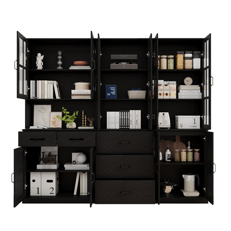 Bibliothèque H 71 "x l 126" avec portes en verre et grands tiroirs de rangement (2C + 2D + E), Noir, noir, noir, noir