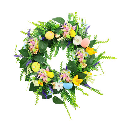 Easter Wreath for Front Door, 18" Artificial Egg Wreath with Spring Flowers, Indoor Outdoor