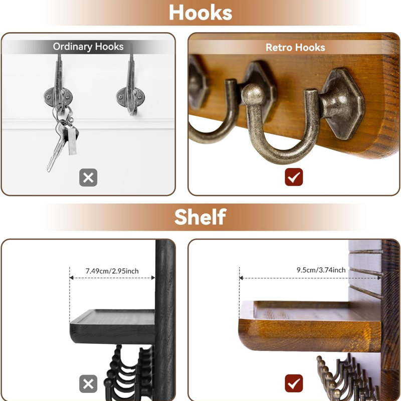 Wood Wall Organizer with Key Hooks, Yellow