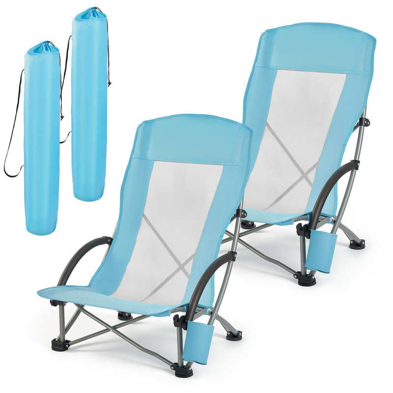 Folding Beach Chair, Portable Extra Wide Seat Chair 330 lbs Heavy-Duty Support, 2 Pack, High Back Camping Chairs for Adults, Mesh Back, Carry Bag, Camp, Light Blue, Featuring Cup Pocket