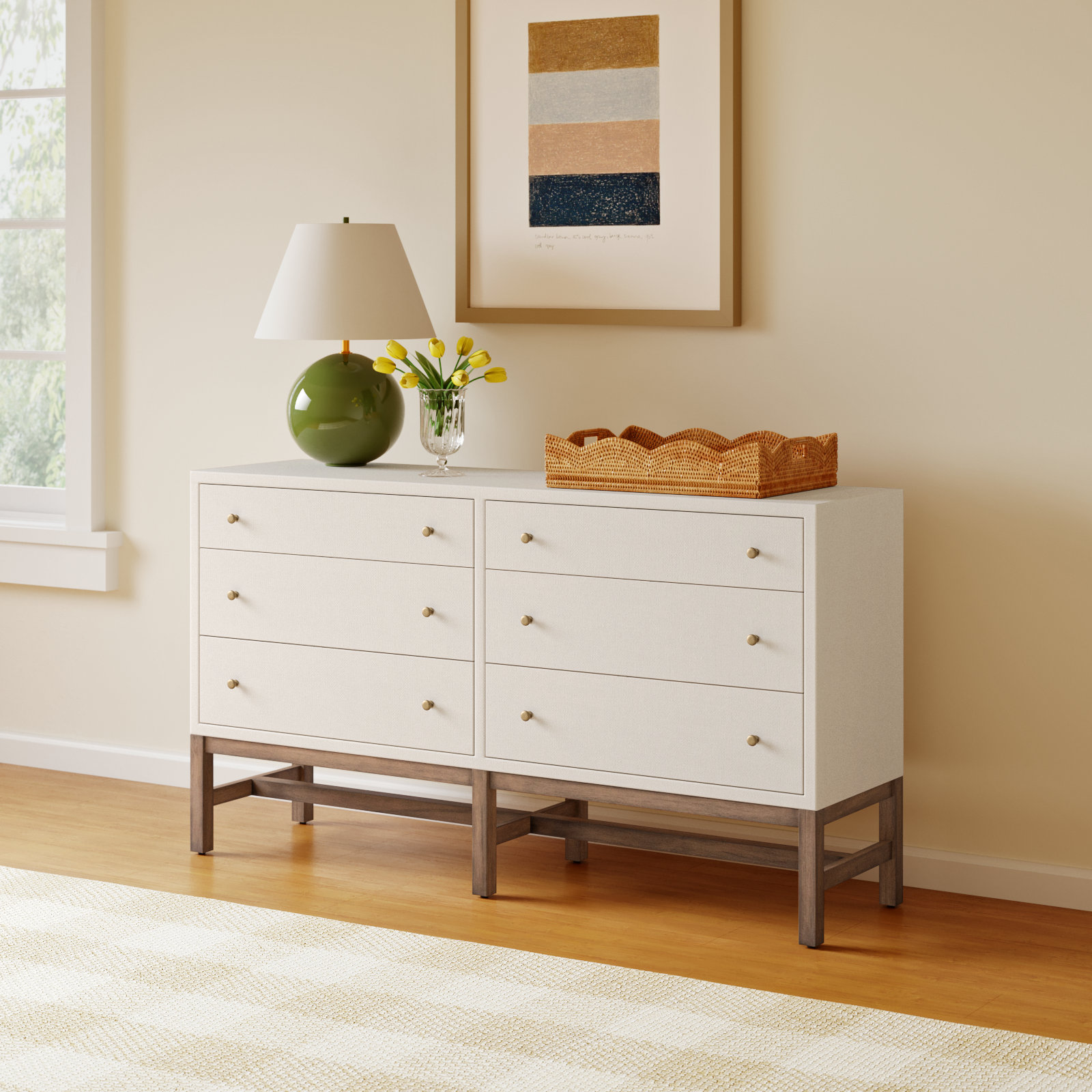 Hakana 6 Drawer Raffia Dresser, Ivory Painted Raffia