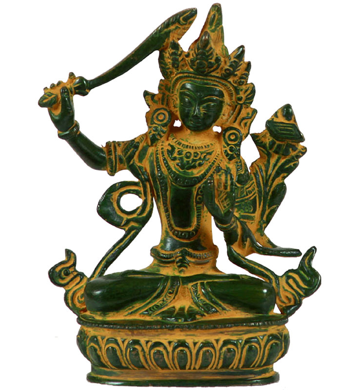 Divinité bouddhiste tibétaine Manjushri brandissant l'épée caractéristique, Vert