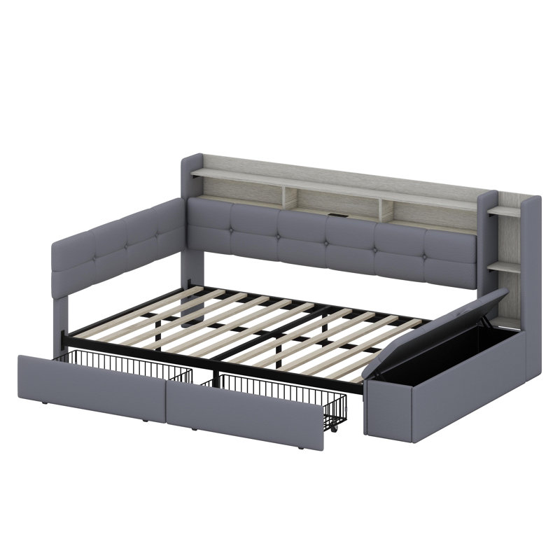 Multifunctional Upholstered Daybed with Shelves and USB Ports, Grey