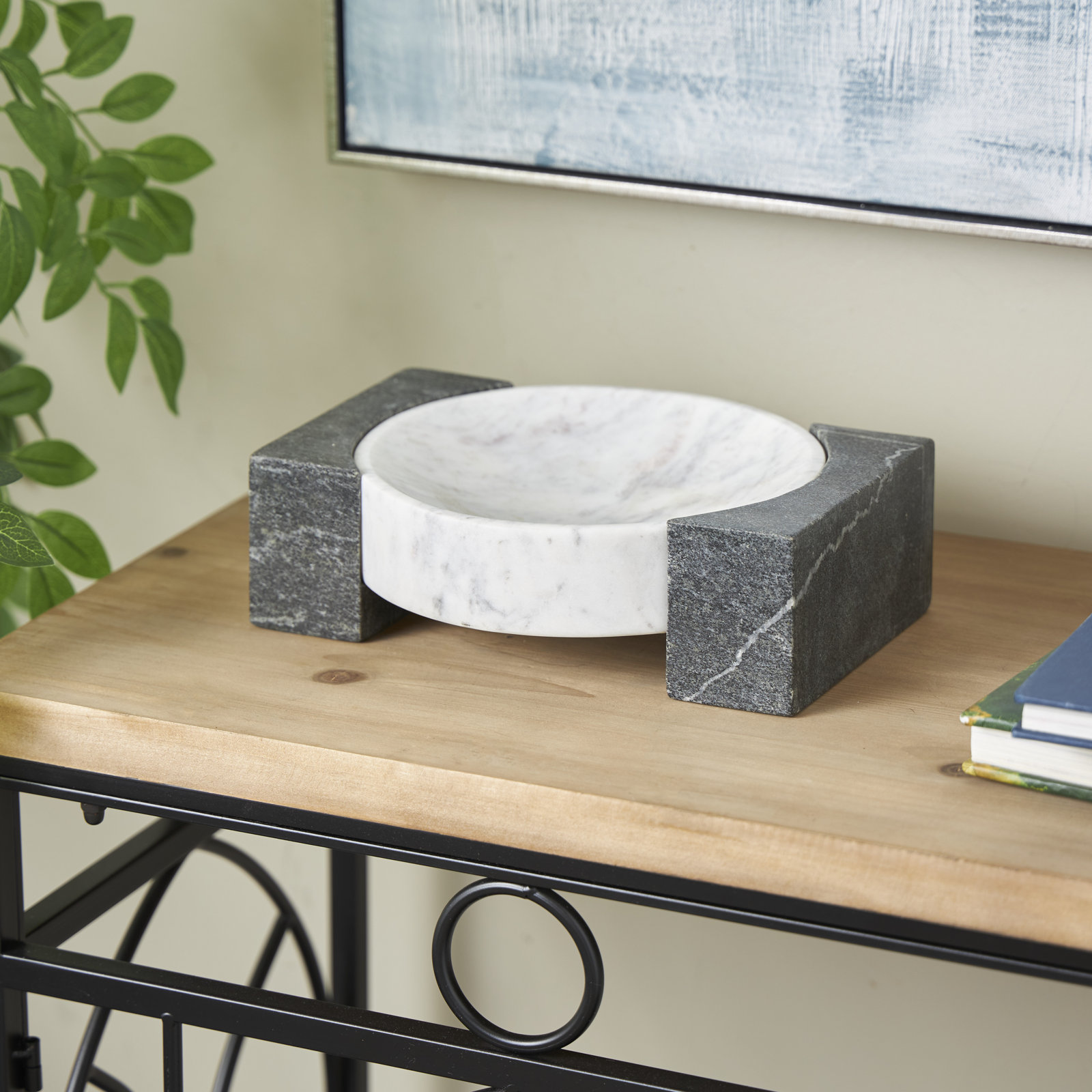 Cole And Grey Marble Round Geometric Tray With Black Rectangular Blocks, 3.2" H x 10.15" W x 7.95" D