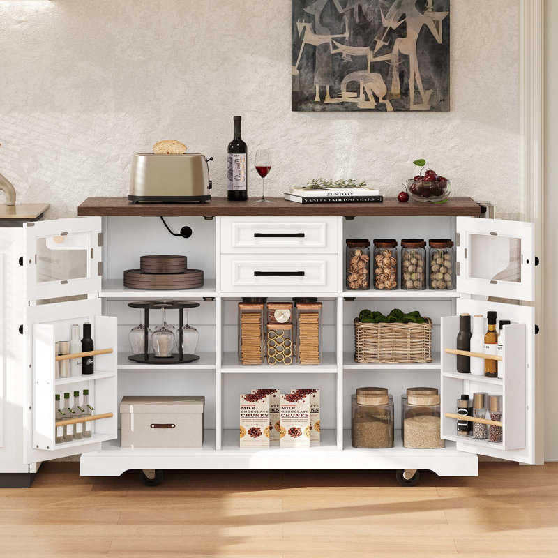 54.9" Kitchen Island With Drop Leaf, Power Outlet, 4 Door Shelves, & 4 Wheels, White