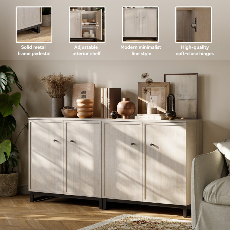 Buffet, ensemble de 2 armoires de rangement avec base en métal pour hall d'entrée de salon Dinnig, ivoire, Beige