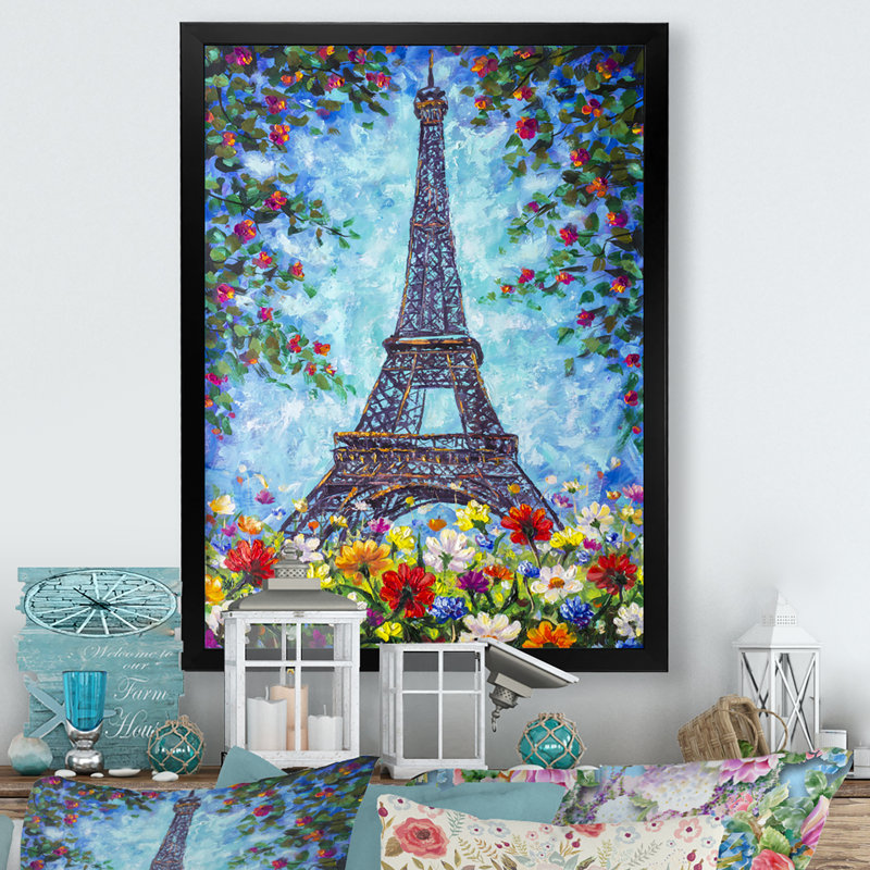 «Eiffel Tower Paris with Spring Flowers», peinture sur toile encadrée, H 20 po x l 12 po x P 1 po
