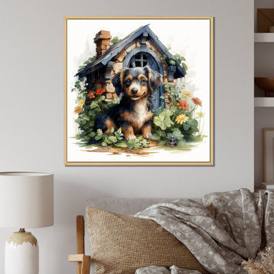 «Puppy Doghouse Blooms I», art mural chien