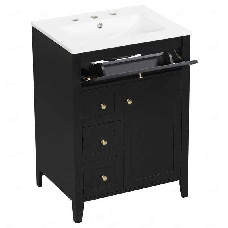 Meuble-lavabo moderne 24 po avec lavabo en céramique, poignées en métal, porte à fermeture en douceur, support de rangement