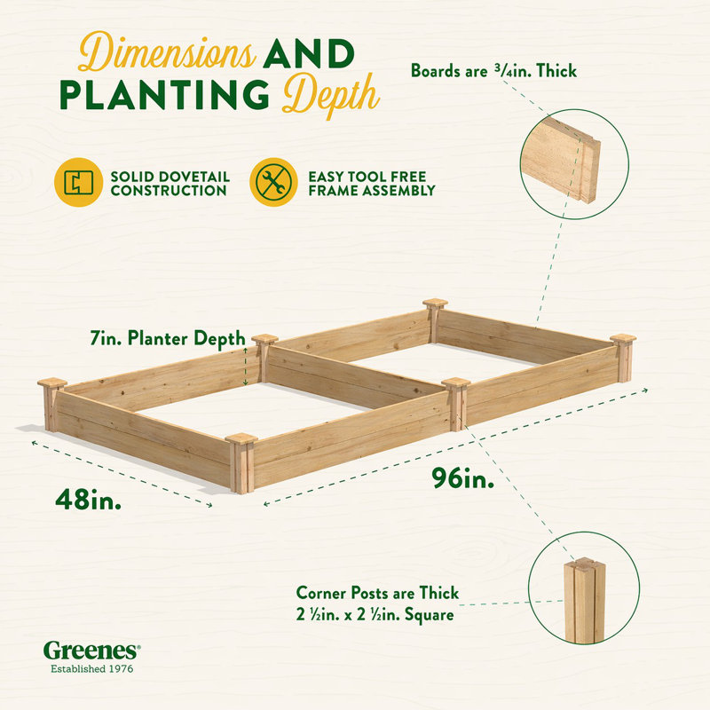 Katsuyoshi Wood Raised Garden Bed, 7" H x 96" W x 48" D, Cedar