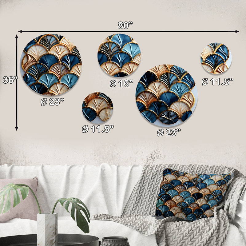 Carrelage bleu doré art déco élégant 1 I - ensemble d'art mural rond géométrique 5 pièces