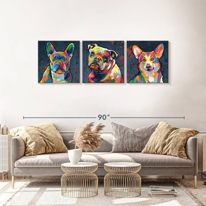 "Dog Alerte Dogs", ensemble de 3 reproductions de couleurs abstraites sur toile par Jude A, H 24 po x l 74 po x P 1,25 po