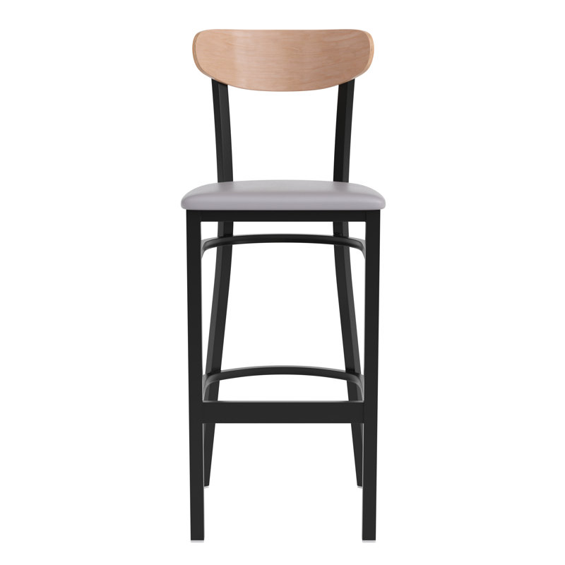 Commercial Metal Barstool with Wood Seat and Boomerang Back, Natural Birch, Gray