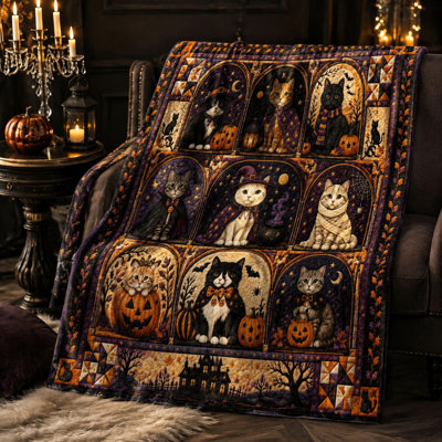 Cozy Halloween Cat Blanket Blanket, Cute Kitten Pattern Bedding, Soft Plush Throw for Sofa Couch Living Room Home Decor