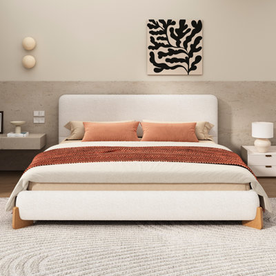 White Elegant Boucle Upholstered King Size Bed With Construction And Comfortable Fabric, 12 Slats 3 Legs For Great Support Upholstery A Comfort - Filled Bedroom