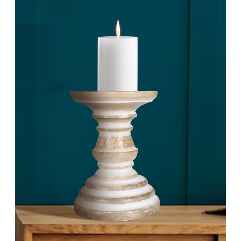 Wood Tabletop Candlestick, 19cm H x 12cm W x 12cm D