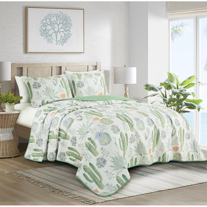 Twin Green Cactus Succulent Microfiber Quilt Set