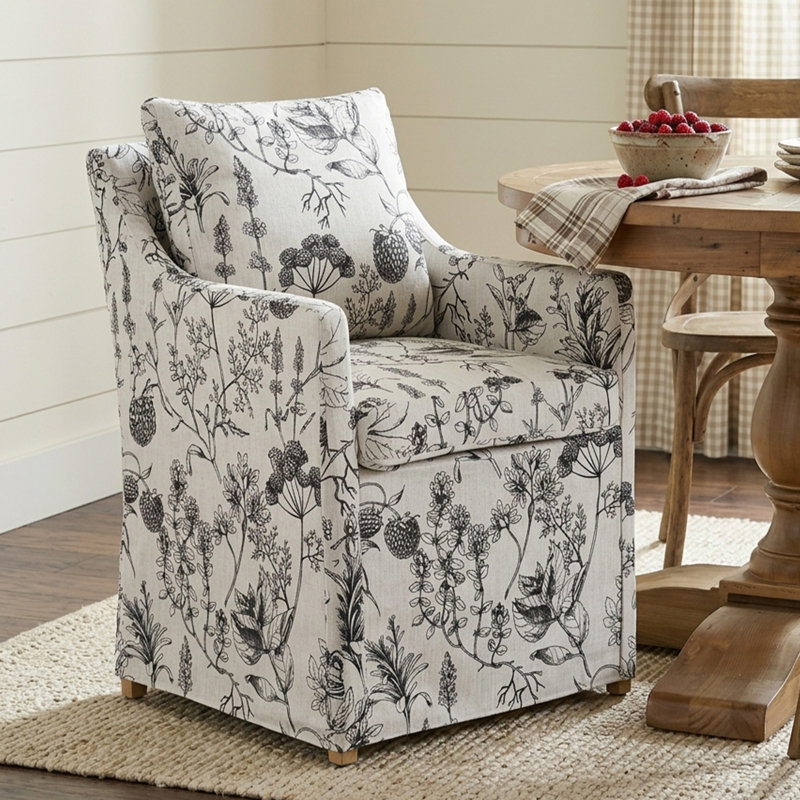 Linen Upholstered Armchair, Gray Flower