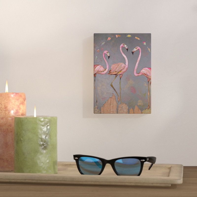 «Flamants et poisson», reproduction sur toile, H 30 po x l 20 po, Toile tendue