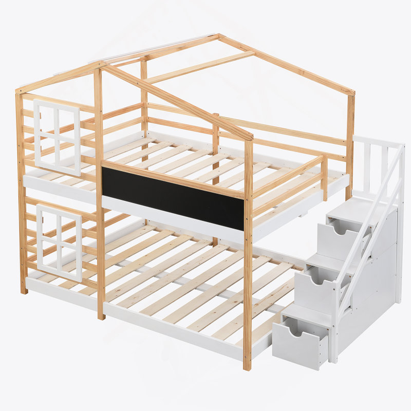 Lit double superposé double avec toit, fenêtres, tableau noir et échelle de rangement, idéal pour les chambres d'enfants et les aires de jeux