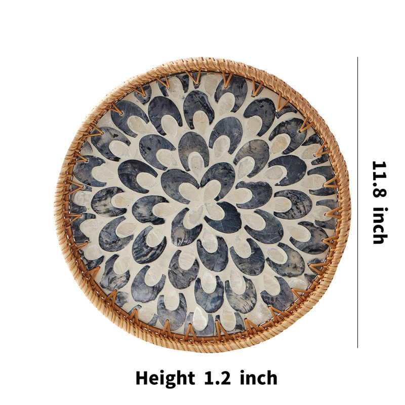 Round Rattan Tray with Mother of Pearl Inlay and Wooden Base