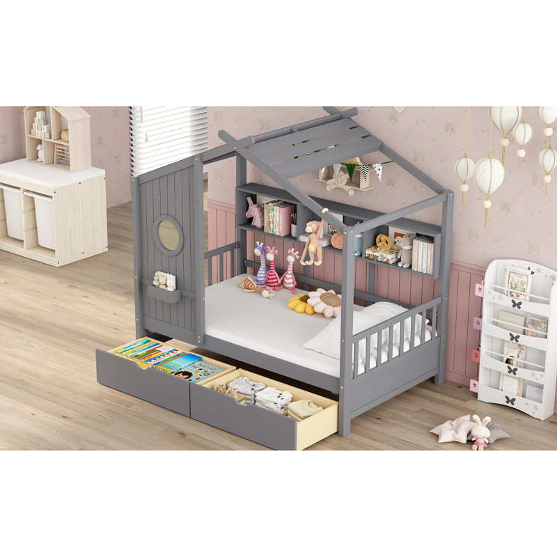 Lit simple en bois gris avec rangement et tablette, espace semi-fermé pour une utilisation fiable
