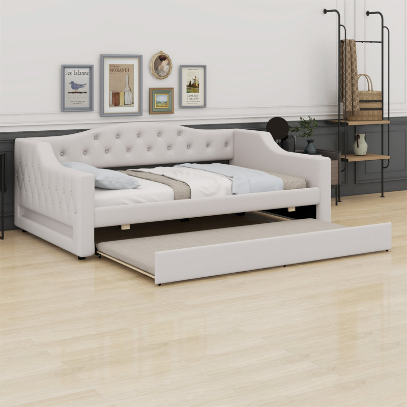 Upholstered Daybed With LED Belt And Trundle, Beige