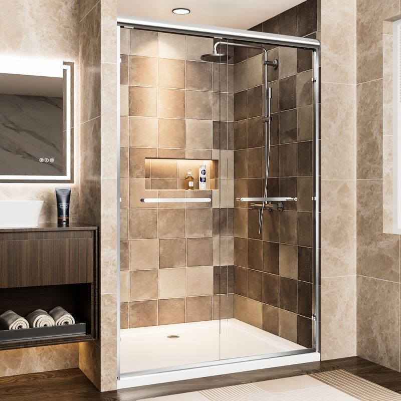 Double Sliding Shower Door Of Aluminum Frame, 48" W X 72" H, 1/4"  6Mm  Tempered Glass With - Proof Film, Reversible And Waterproof For Bathroom In Clear Stainless Steel Handles, Adjustable Width Use
