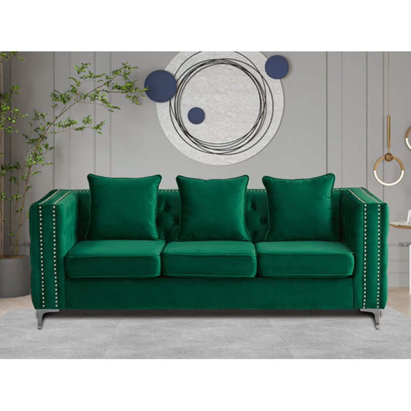 Vanida Charterhouse 86.4" Velvet Tuxedo Arm Sofa, Green Velvet