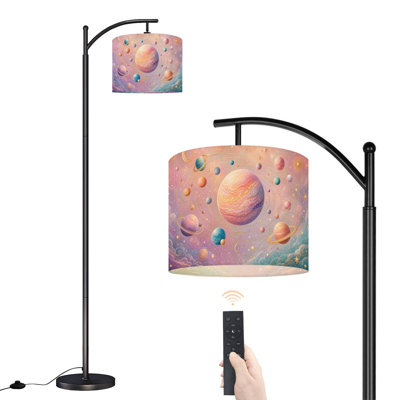 Arc Floor Lamp Pastel Solar System Dreamy Cosmic Planets Golden Orbits Tall Modern Standing Lamp LED Adjustable Linen Lampshade 3 Color Temperatures