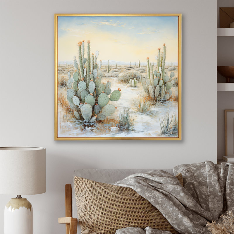Cactus Charm In Winter I - Cactus Wall Art Living Room, H 16 po x l 16 po x P 1 po, Cadre flottant doré