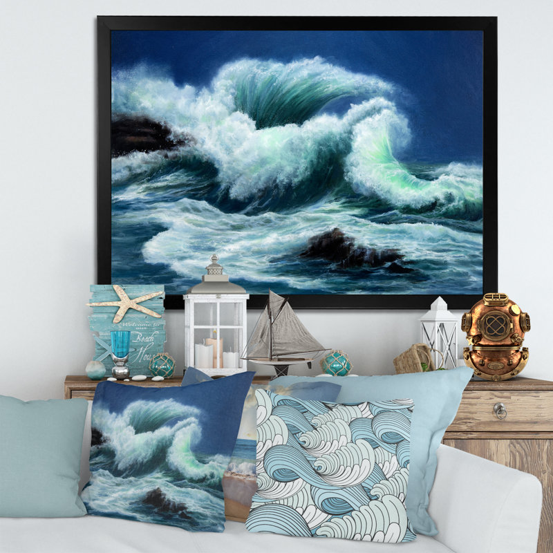 «Wild Blue Ocean Waves», reproduction d'art sur toile nautique et côtière, H 30 po x l 40 po x P 1,5 po, Cadre photo noir