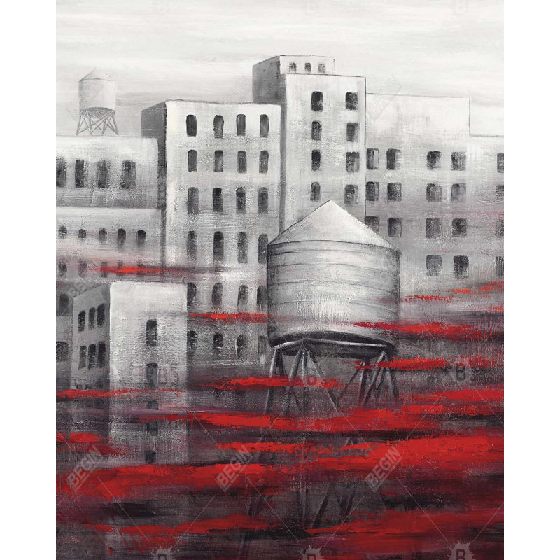 «Gray City With Red Clouds» sur toile, H 60 po x l 48 po