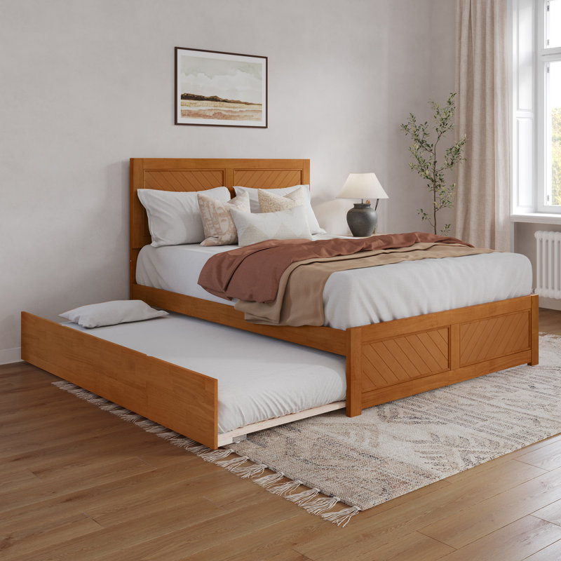 Lit plateforme en bois massif Jeinny avec pied et gigogne assortis, Grand, Caramel clair