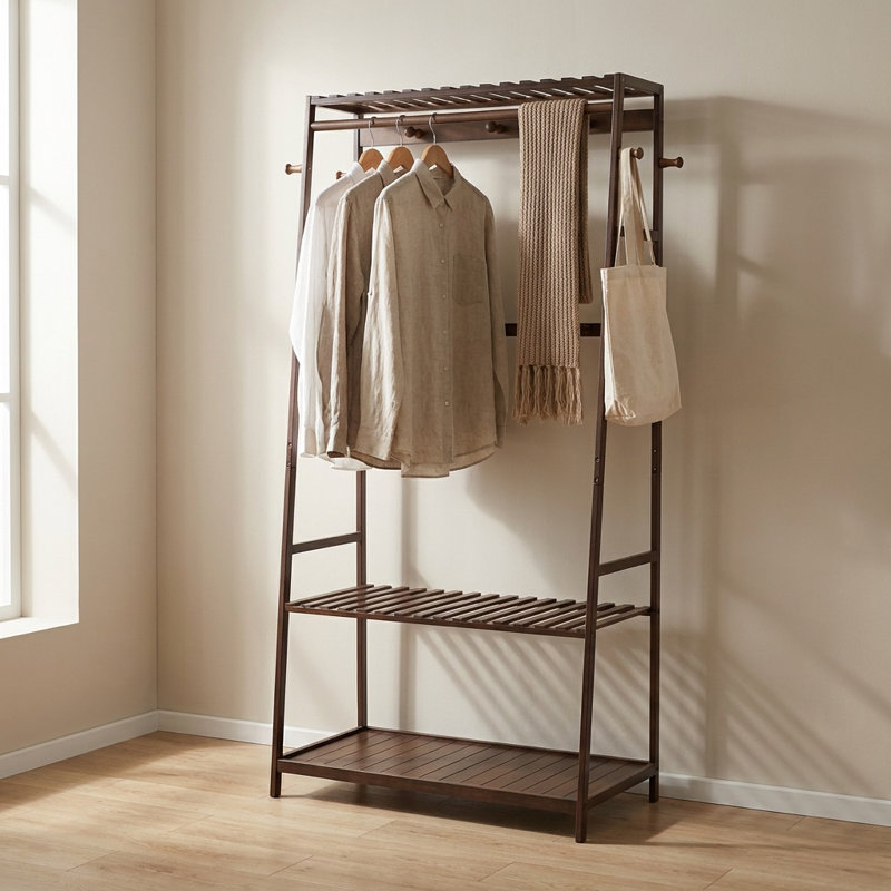 Mattera Natural Bamboo Wooden Clothes Rack, Garment Rail Garment Rack Open Wardrobe, Storage Shelves Bedroom, Natural