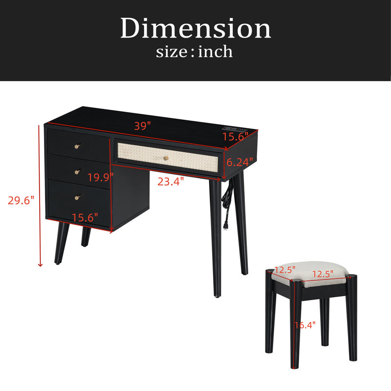 39" Retro Bohemian Style Wooden Makeup Vanity Set With Charging Plug&USB Port And Stool, Dressing Table With 3 Storage Drawers And 1 Rectangular Rattan Drawer